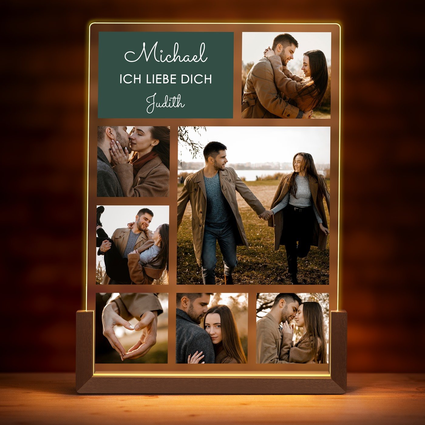 Beleuchtetes Acrylglas mit eigenen Fotos und Holzständer Größe XL für Ihren Freund Ehemann zum Geburtstag Valentinstag