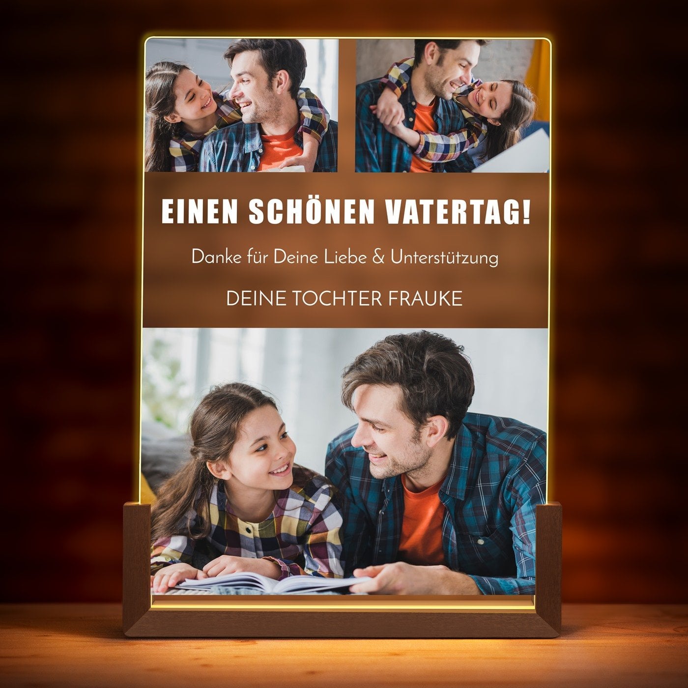 Beleuchtetes Acrylglas mit eigenen Fotos und Holzständer Größe XL für  Ihren Vater zum Vatertag
