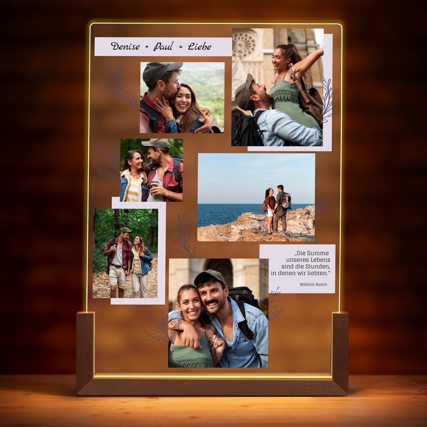 Beleuchtetes Acrylglas mit eigenen Fotos und Holzständer Größe XL für ein Weltenbummler-Paar zur Hochzeit zum Einzug Jahrestag V