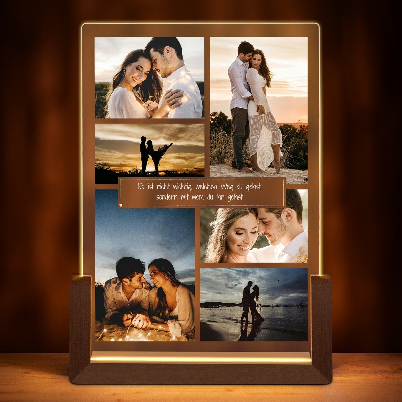 Beleuchtetes Acrylglas mit eigenen Fotos und Holzständer Größe L für ein Paar zur Hochzeit zum Hochzeitstag Einzug Valentinstag