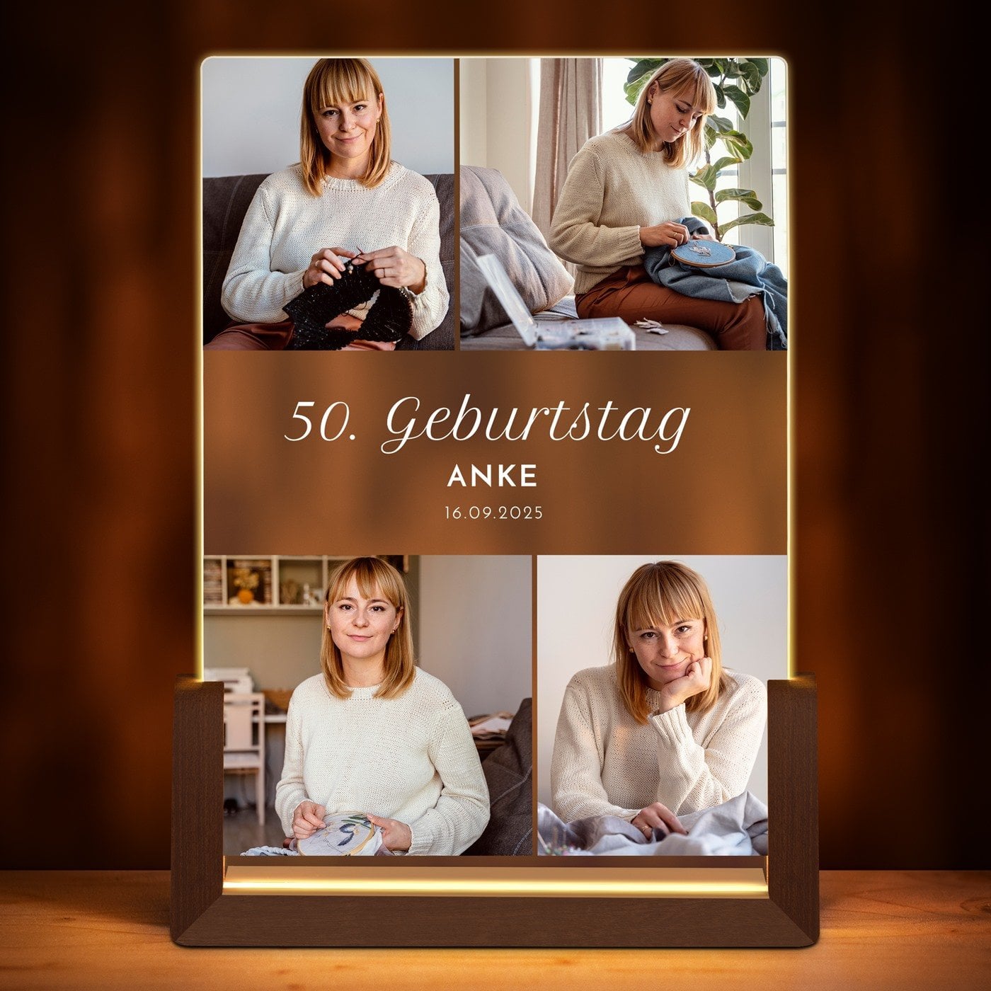 Beleuchtetes Acrylglas mit eigenen Fotos und Holzständer Größe L für sie zum 50. Geburtstag