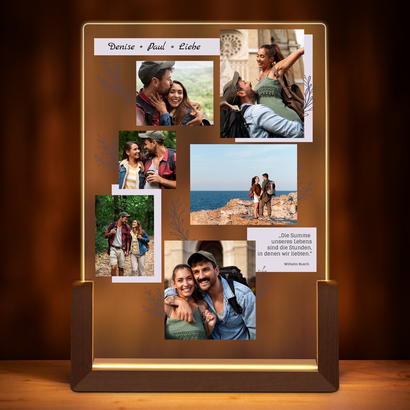 Beleuchtetes Acrylglas mit eigenen Fotos und Holzständer Größe L für ein Weltenbummler-Paar zur Hochzeit zum Einzug Jahrestag Va
