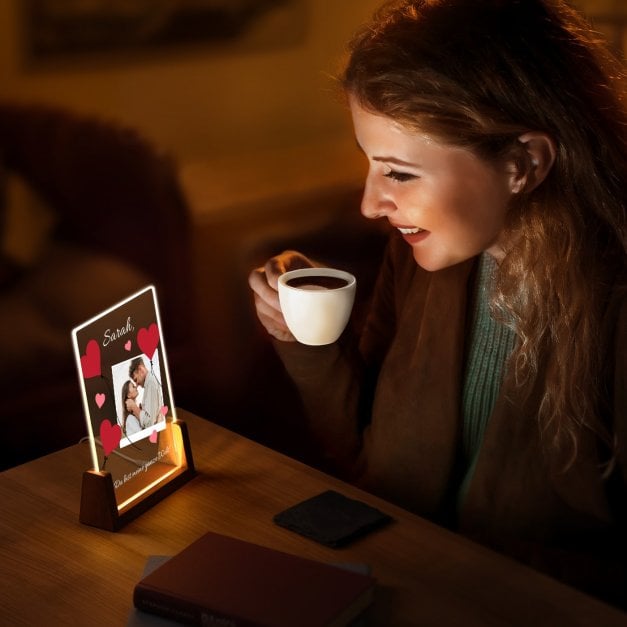 Beleuchtetes Acrylglas mit eigenen Fotos und Holzständer Größe L für sie zum Valentinstag Jahrestag