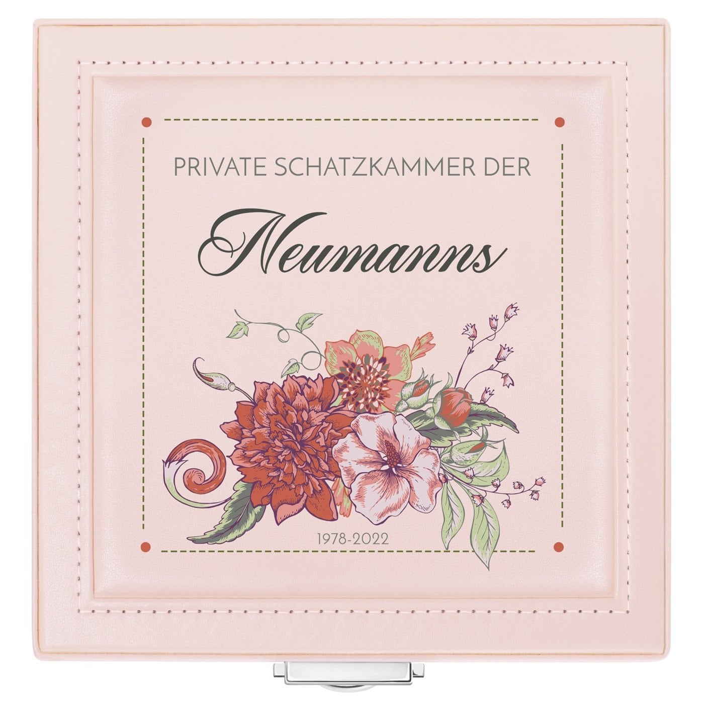 Puderrosa Schmuckkästchen mit Aufdruck für ein Paar zum Jubiläum, zur Hochzeit oder Wohnungseinweihung