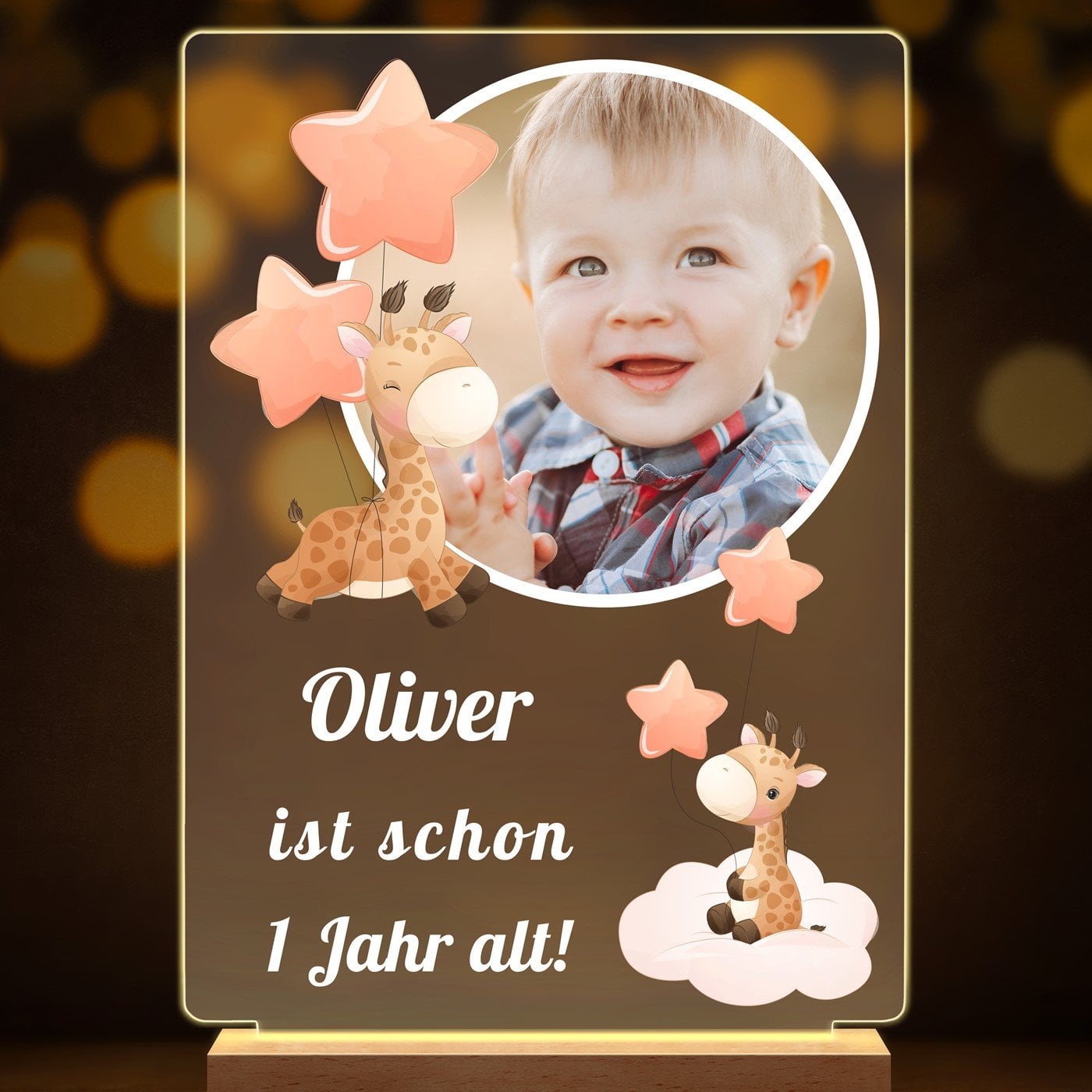 Beleuchteter LED-Rahmen mit eigenen Fotos und Holzständer Größe XL für einen Jungen zum 1. Geburtstag
