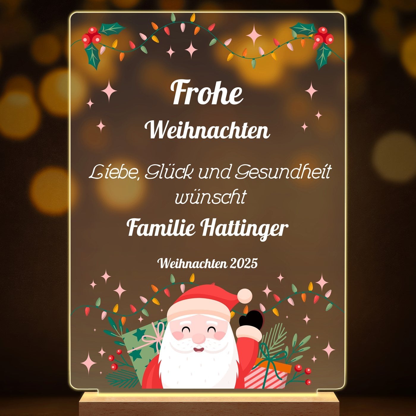 Beleuchteter LED-Rahmen mit eigenen Fotos und Holzständer Größe XL für zu Weihnachten