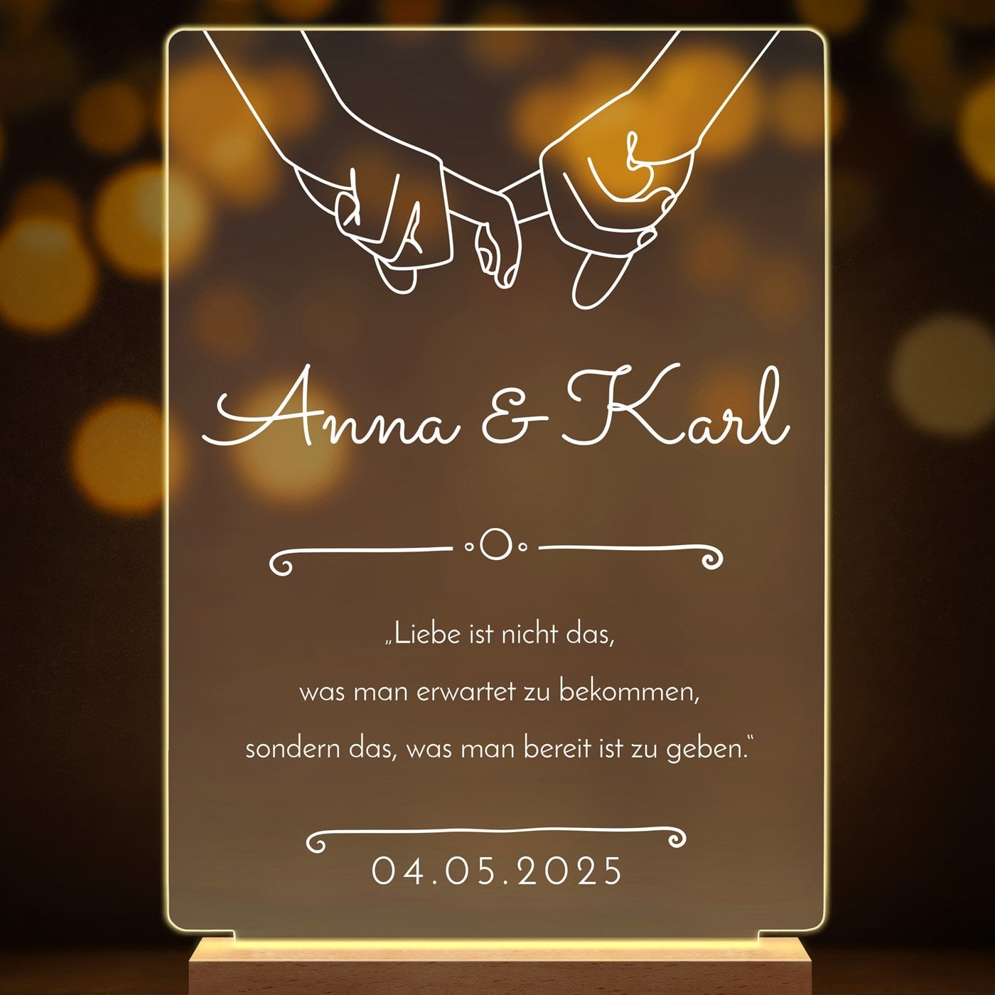 Beleuchteter LED-Rahmen mit eigenen Fotos und Holzständer Größe XL für ein Paar zur Hochzeit zum Hochzeitstag Einzug