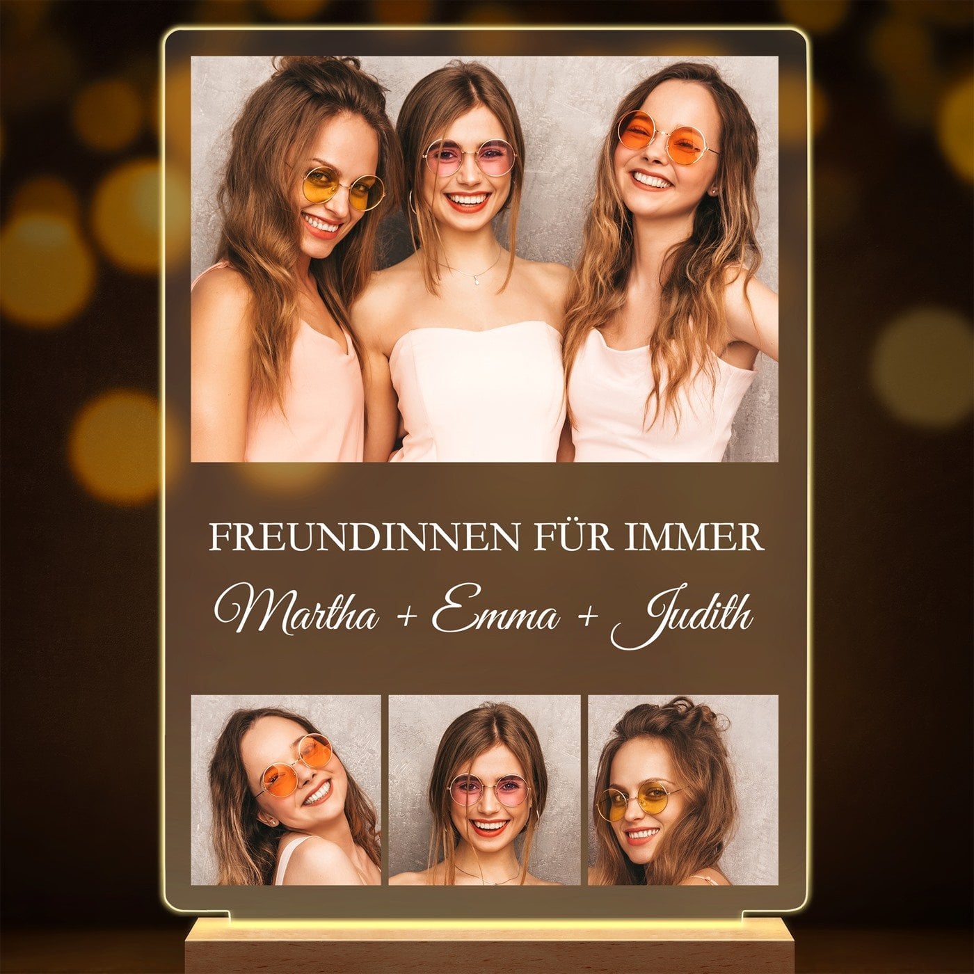 Beleuchteter LED-Rahmen mit eigenen Fotos und Holzständer Größe XL für Ihre beste Freundin
