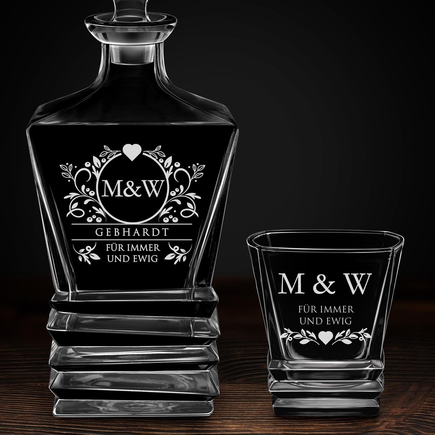 Geometric Whisky Karaffe mit 6 Gläsern und Gravur für ein Paar zur Hochzeit zum Jahrestag