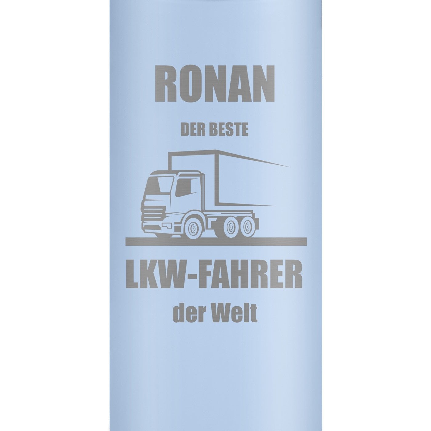 Blauer Reisebecher mit Gravur und LED-Touch-Anzeige für einen Berufskraftfahrer zum Geburtstag