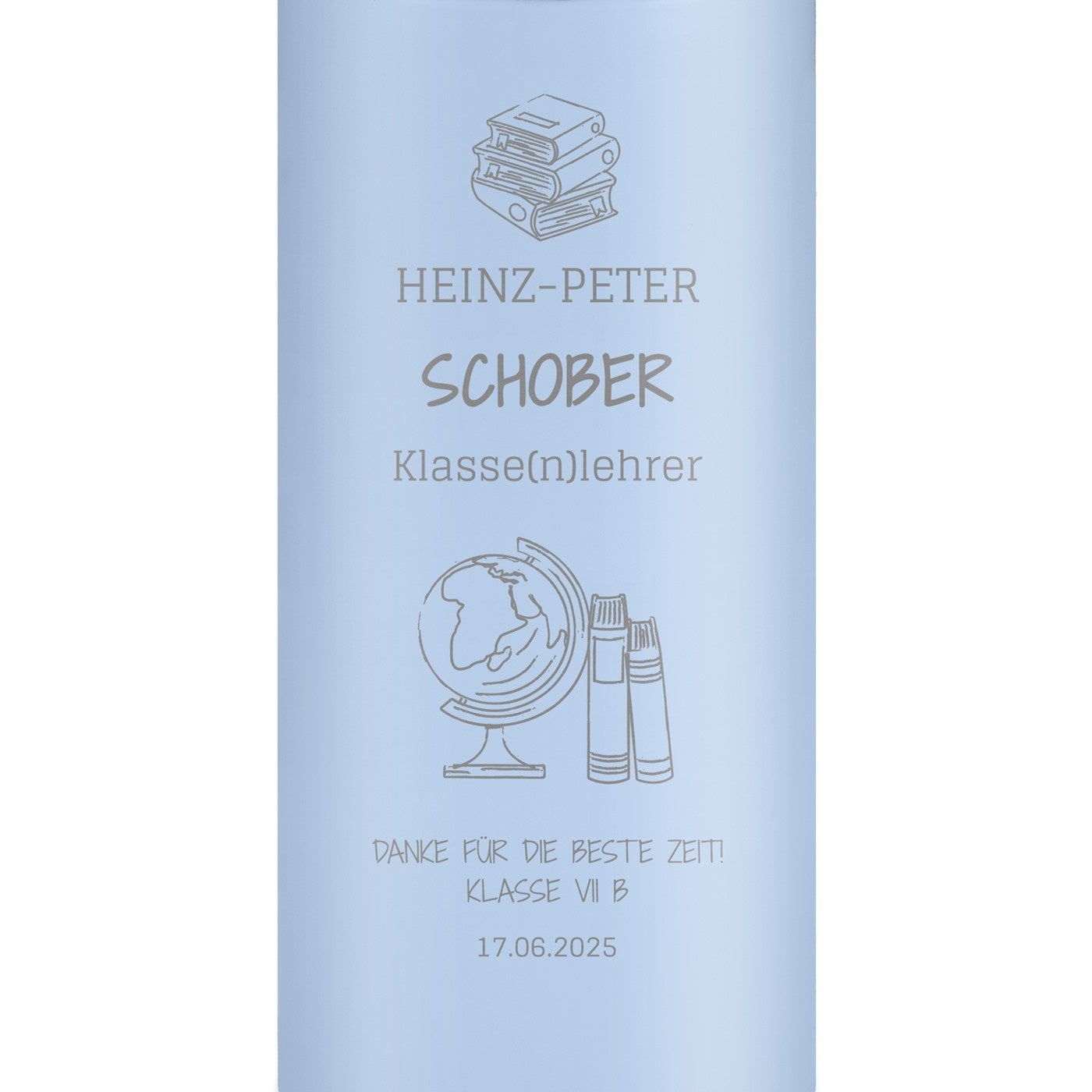 Blauer Reisebecher mit Gravur und LED-Touch-Anzeige für einen Lehrer, Klassenlehrer