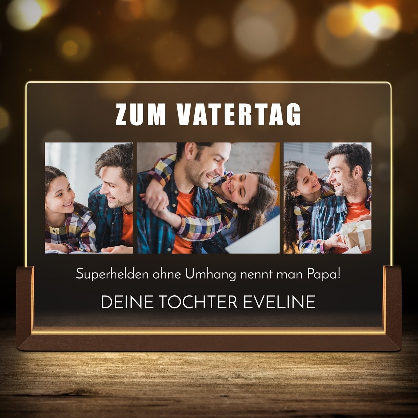 Horizontales Acrylglas mit aufgedruckten Fotos und Holzständer mit LED-Beleuchtung Größe XL für Ihren Vater zum Vatertag