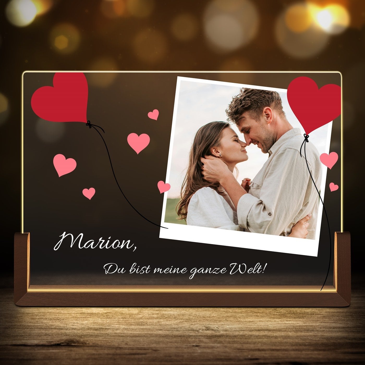 Horizontales Acrylglas mit aufgedruckten Fotos und Holzständer mit LED-Beleuchtung Größe XL für Ihre Liebste Ehefrau zum Valenti