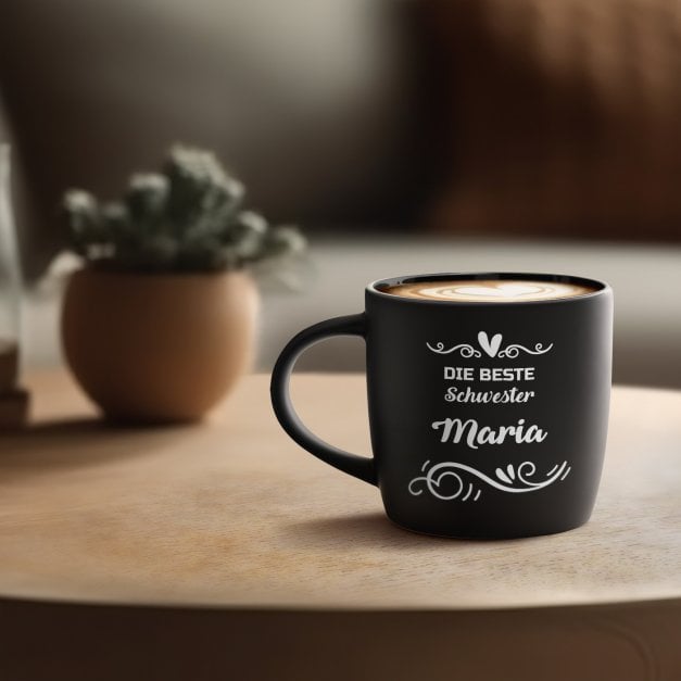Keramikbecher mit Gravur Schwarz/Matt für Ihre Schwester