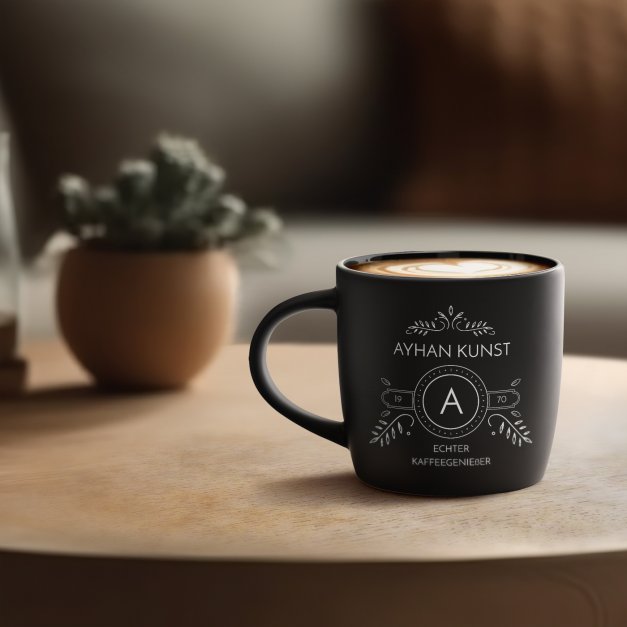 Keramikbecher mit Gravur Schwarz/Matt für einen Gentleman Kaffeegenießer zum Geburtstag