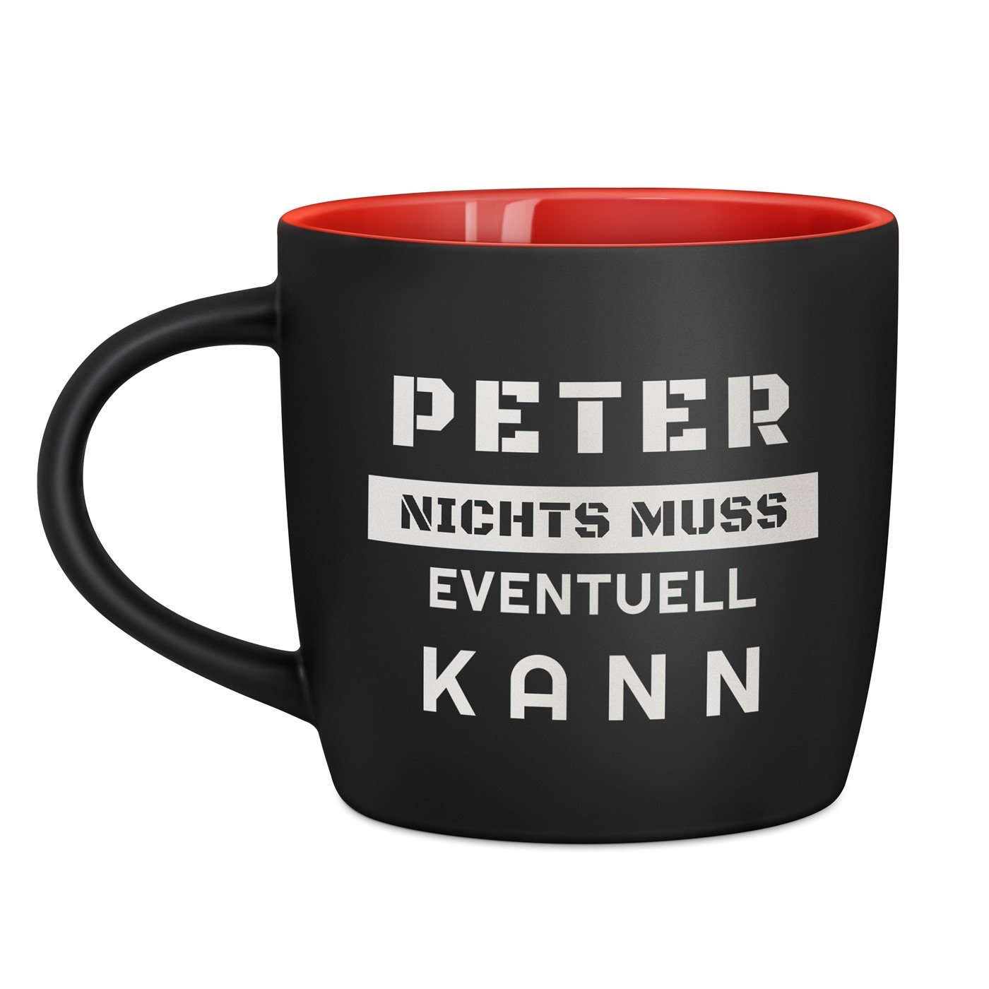 Keramikbecher mit Gravur Schwarz/Matt und Rot für einen Rentnerr Diplomingenieur zum Geburtstag