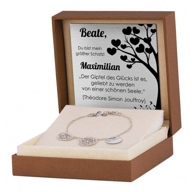Damenarmband aus 925er Silber mit Herzen und 2 Openwork-Kreisen in exklusiver Geschenkbox mit Gravur