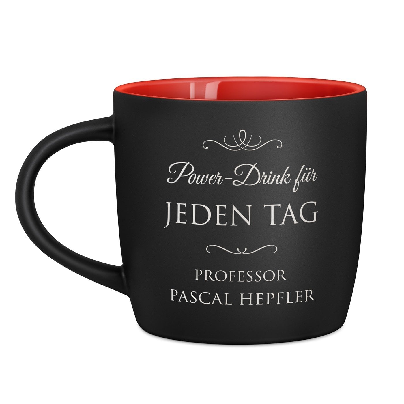 Keramikbecher mit Gravur Schwarz/Matt und Rot für einen Promotor der Diplomarbeit