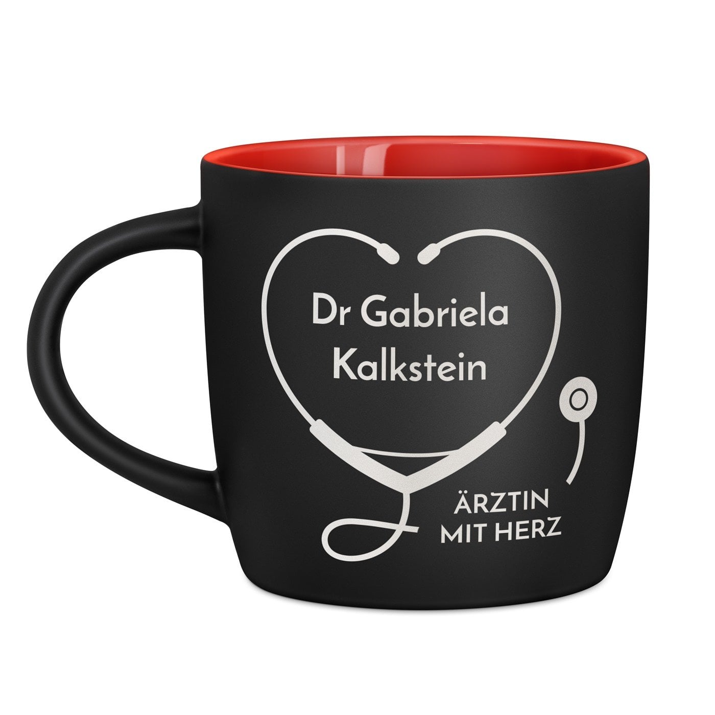 Keramikbecher mit Gravur Schwarz/Matt und Rot für eine Ärztin
