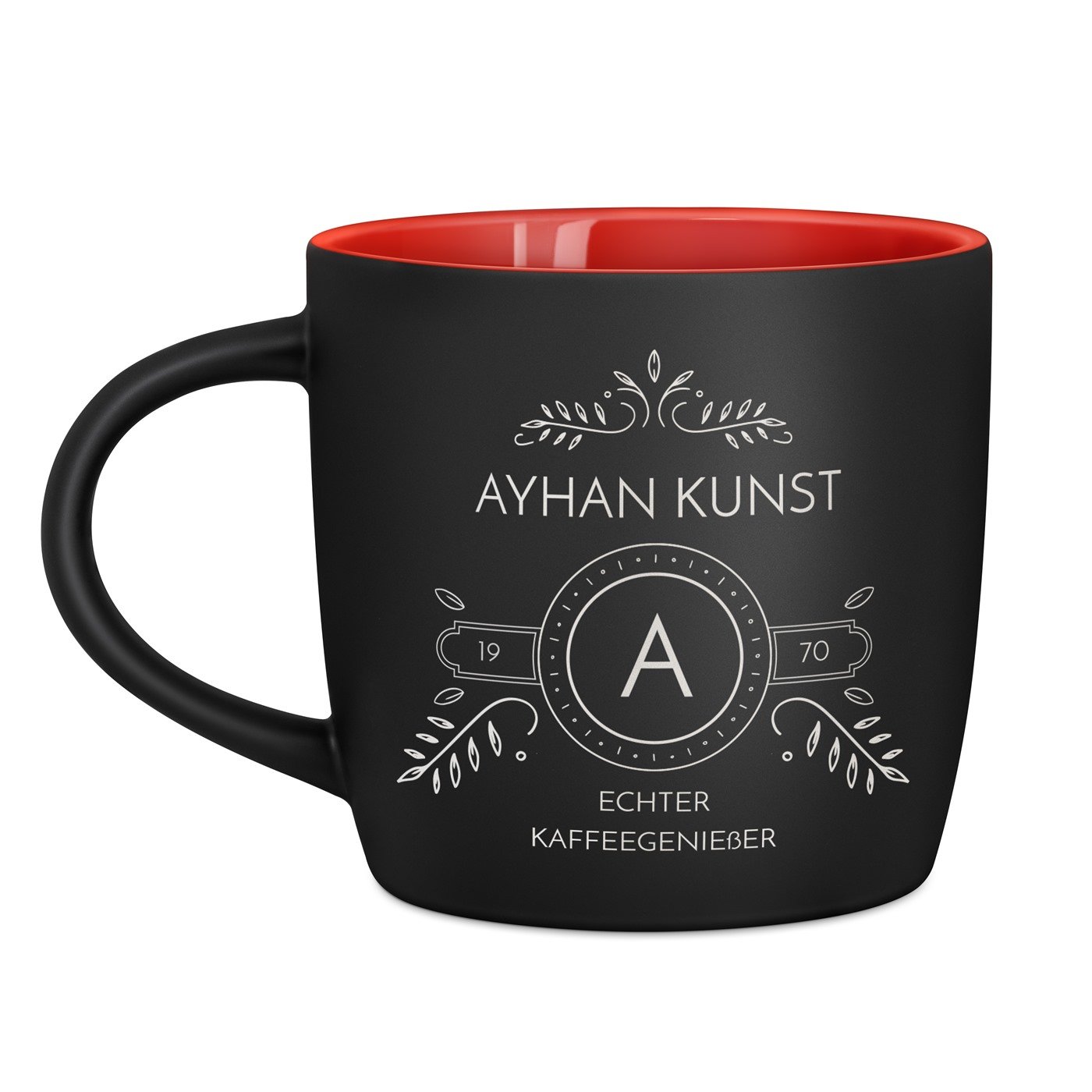 Keramikbecher mit Gravur Schwarz/Matt und Rot für einen Kaffeegenießer zum Geburtstag