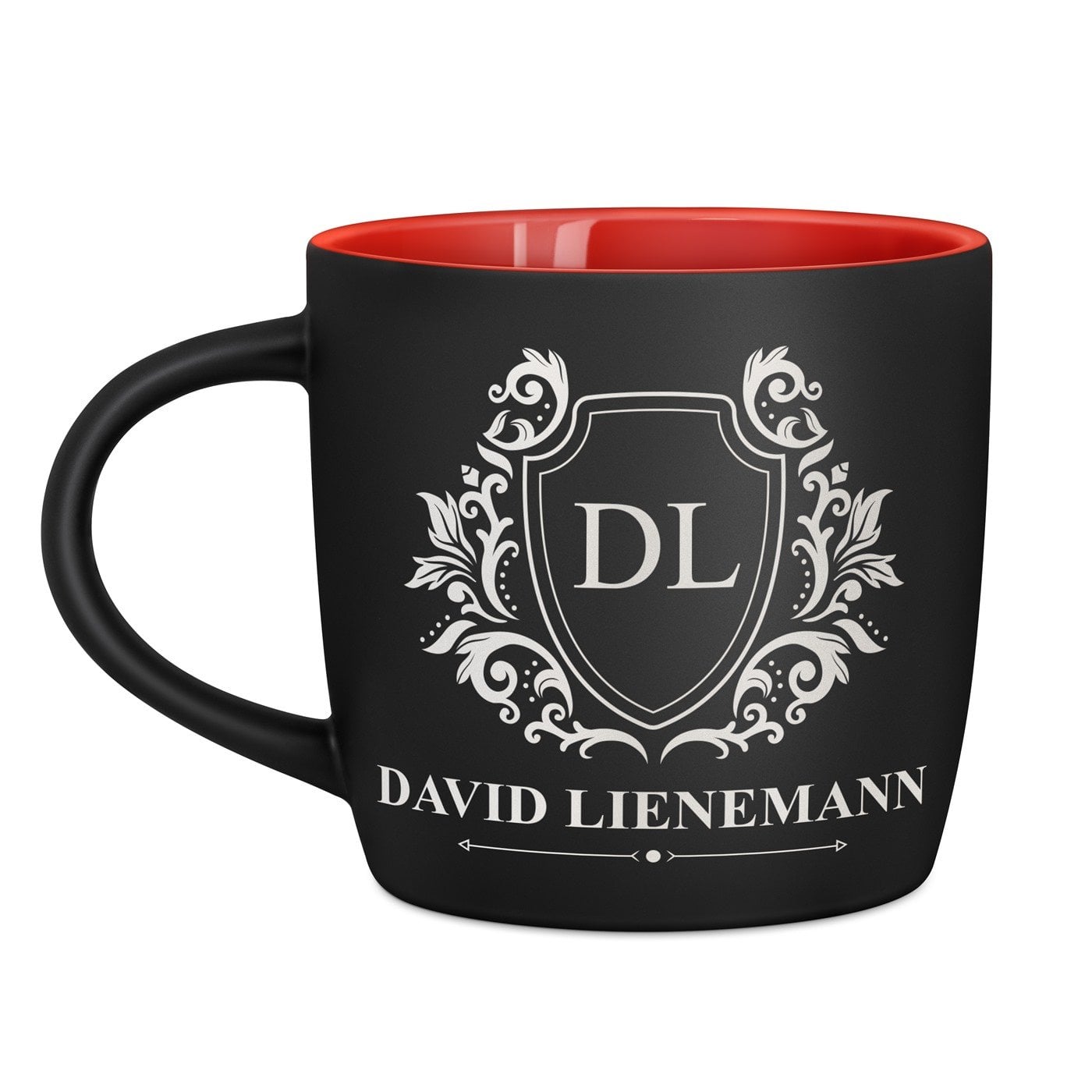 Keramikbecher mit Gravur Schwarz/Matt und Rot für einen Gentleman Wappen