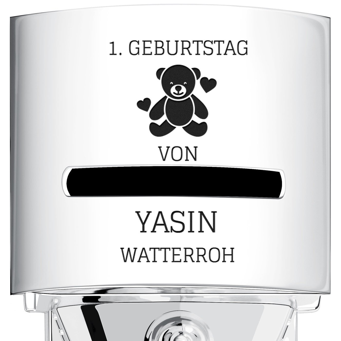 Versilberte Eisenbahn-Sparbüchse mit Gravur für einen Jungen zum 1. Geburtstag