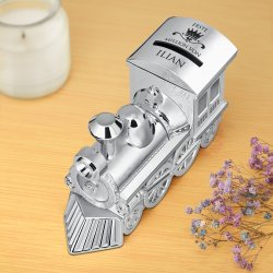 Versilberte Eisenbahn-Sparbüchse mit Gravur für einen Jungen zum Ehrentag