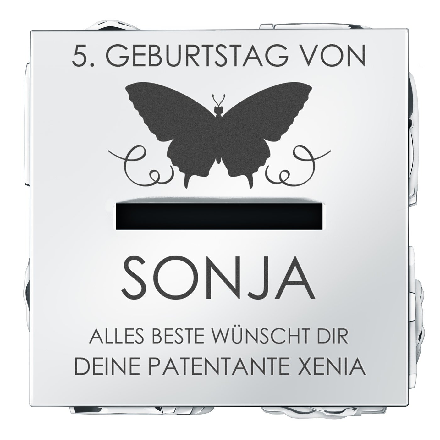 Spardose in Würfelform mit Gravur für ein Mädchen, Ihre Patentochter zum Geburtstag