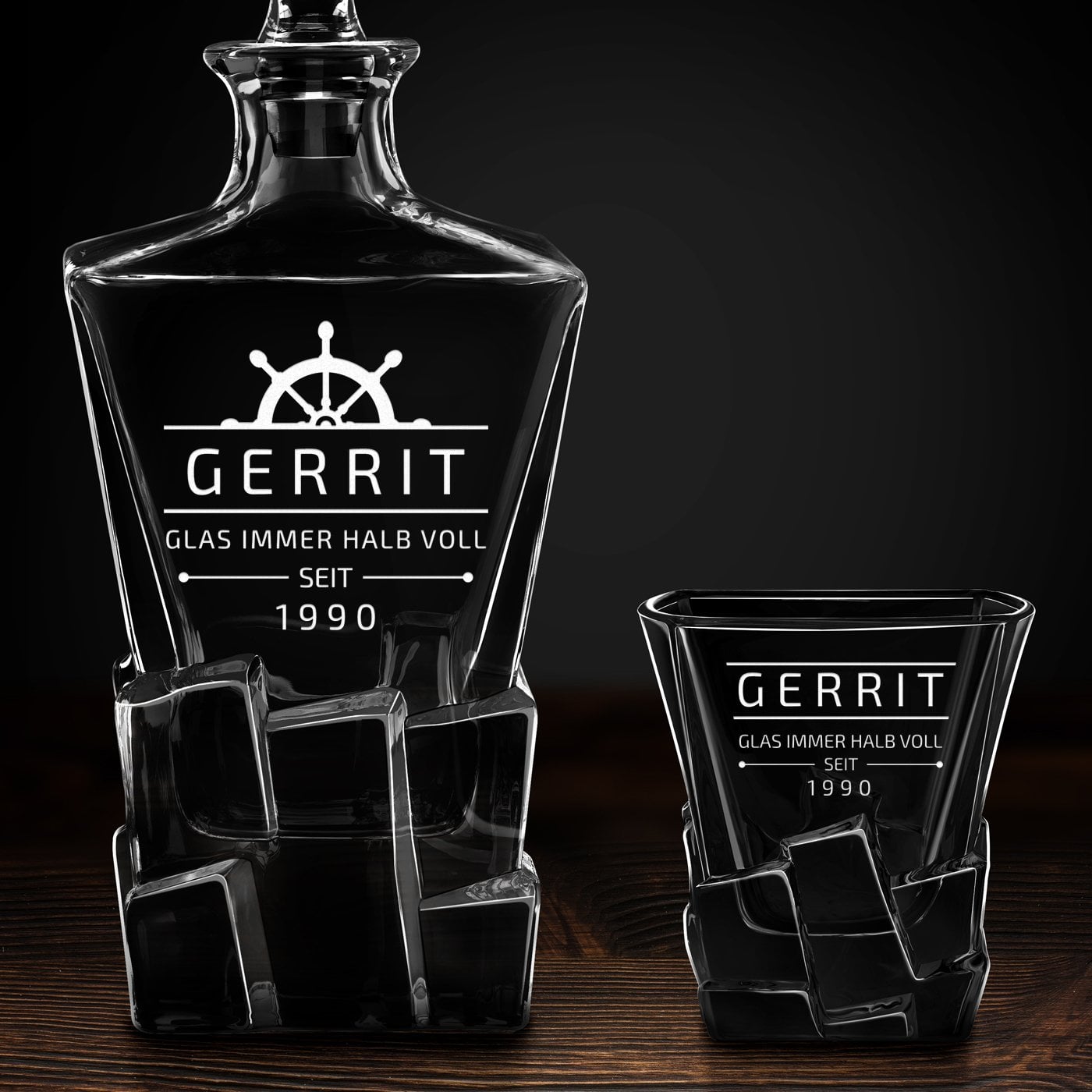 Ice Blink Karaffe mit 4 Gläsern und Gravur für einen Segler Partymenschen zum Geburtstag