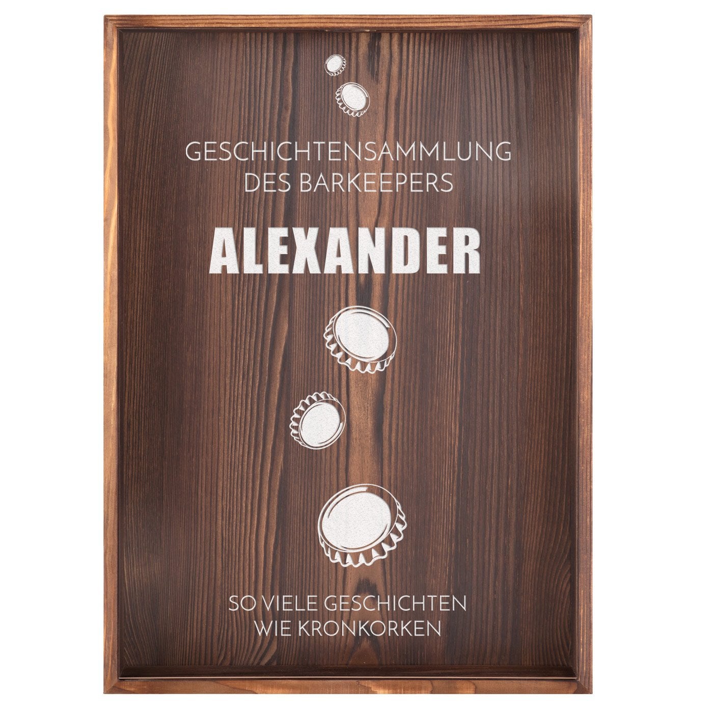 Kronkorken- und Korkensammler zum Aufhängen mit Gravur für einen Barkeeper zum Arbeitsjubiläum