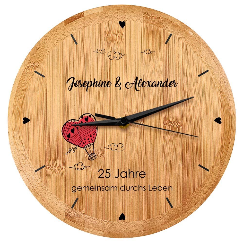 Bambus Wanduhr mit Aufdruck für ein Paar zum 25. Hochzeitstag