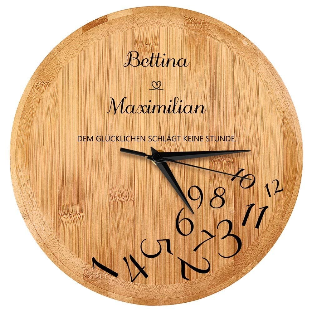 Bambus Wanduhr mit Aufdruck für ein Paar zur Hochzeit, zum Jubiläum, zur Einweihungsparty
