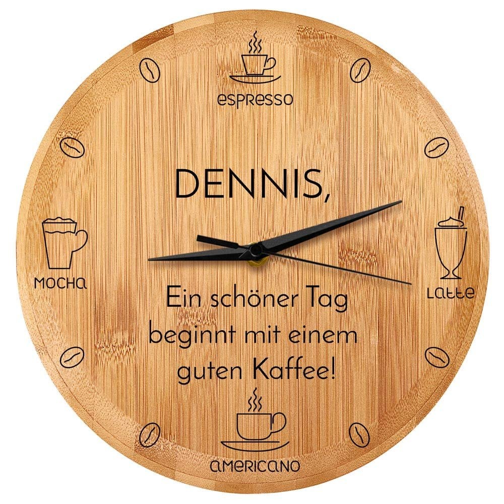 Bambus Wanduhr mit Aufdruck für einen Kaffeeliebhaber