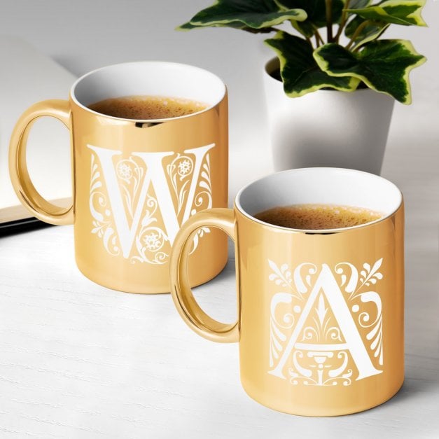 2 Kaffeebecher mit Gravur Gold/Glänzend für ein Paar zur Trauung zum Hochzeitstag zum Einzug
