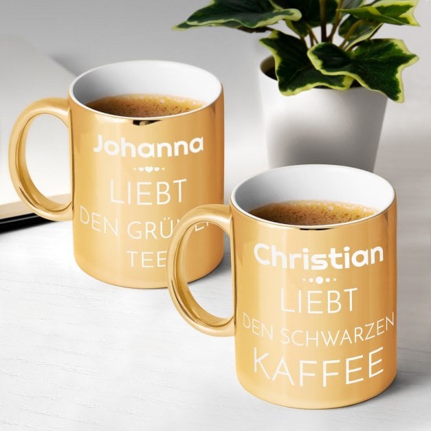 2 Kaffeebecher mit Gravur Gold/Glänzend für ein Paar zur Trauung zum Jahrestag Valentinstag zur Einweihung