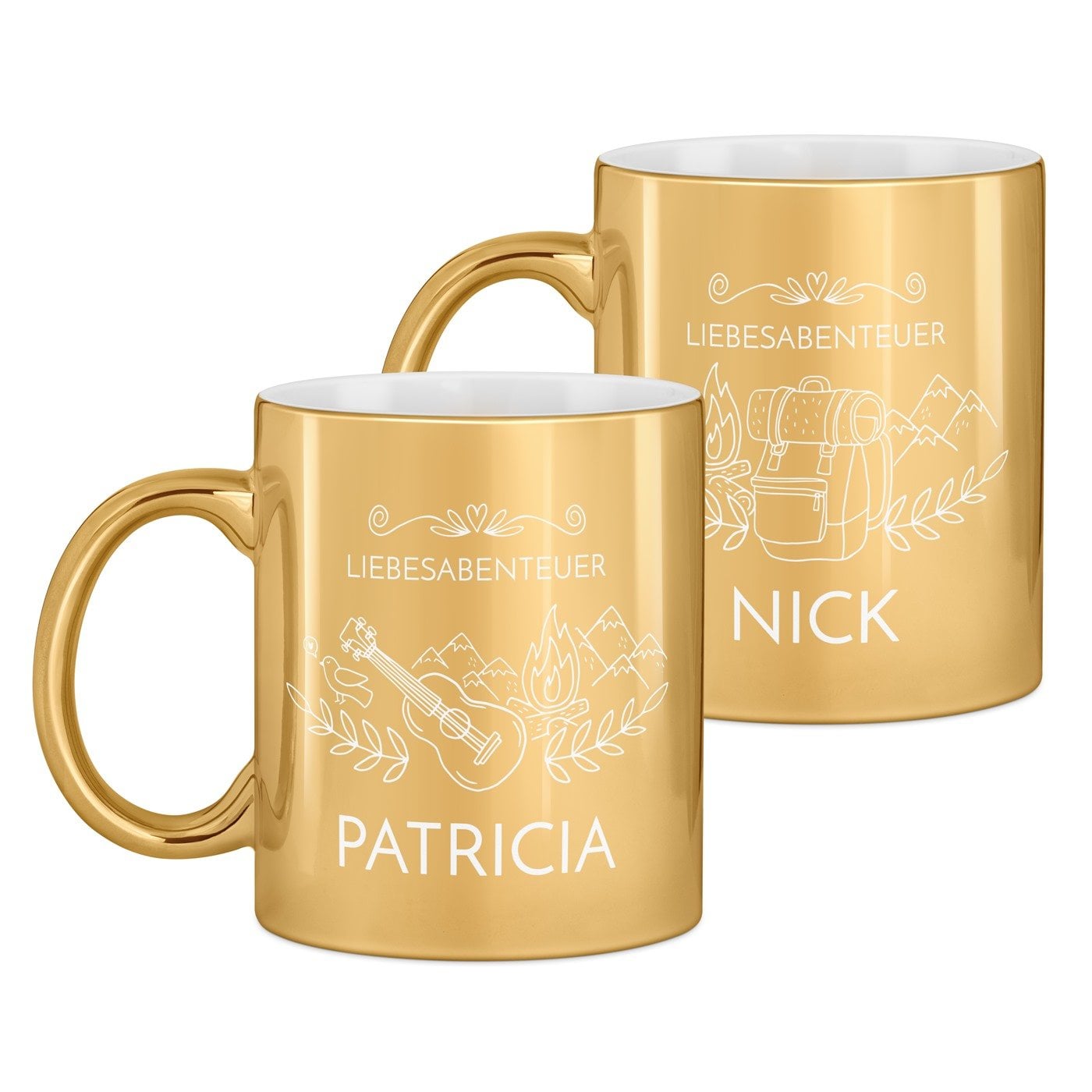 2 Kaffeebecher mit Gravur Gold/Glänzend für Weltenbummler Gittaristen zur Hochzeit zum Hochzeitstag zum Einzug Valentinstag