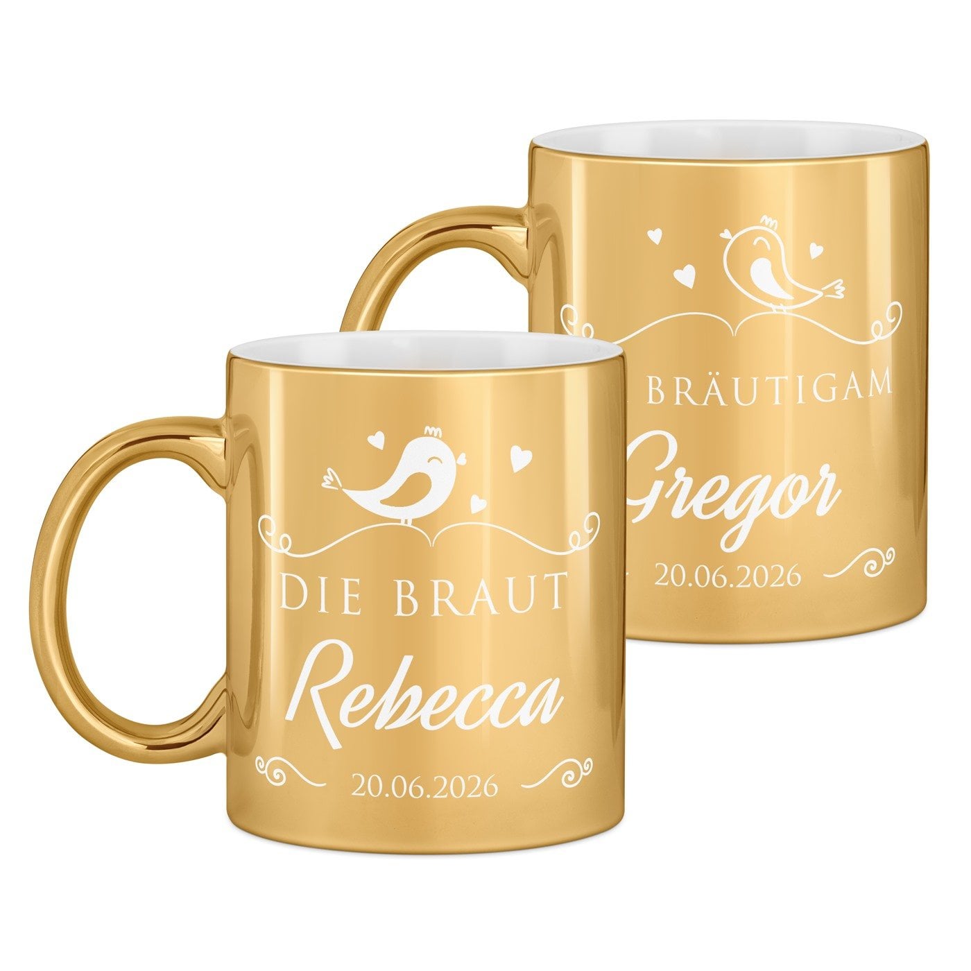 2 Kaffeebecher mit Gravur Gold/Glänzend für ein Brautpaar zur Hochzeit ein Ehepaar zum Hochzeitstag