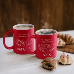2 Keramikbecher mit Gravur Rot/Matt für ein Paar einen Gitarristen Weltenbummler zur Hochzeit zum Hochzeitstag zum Einzug