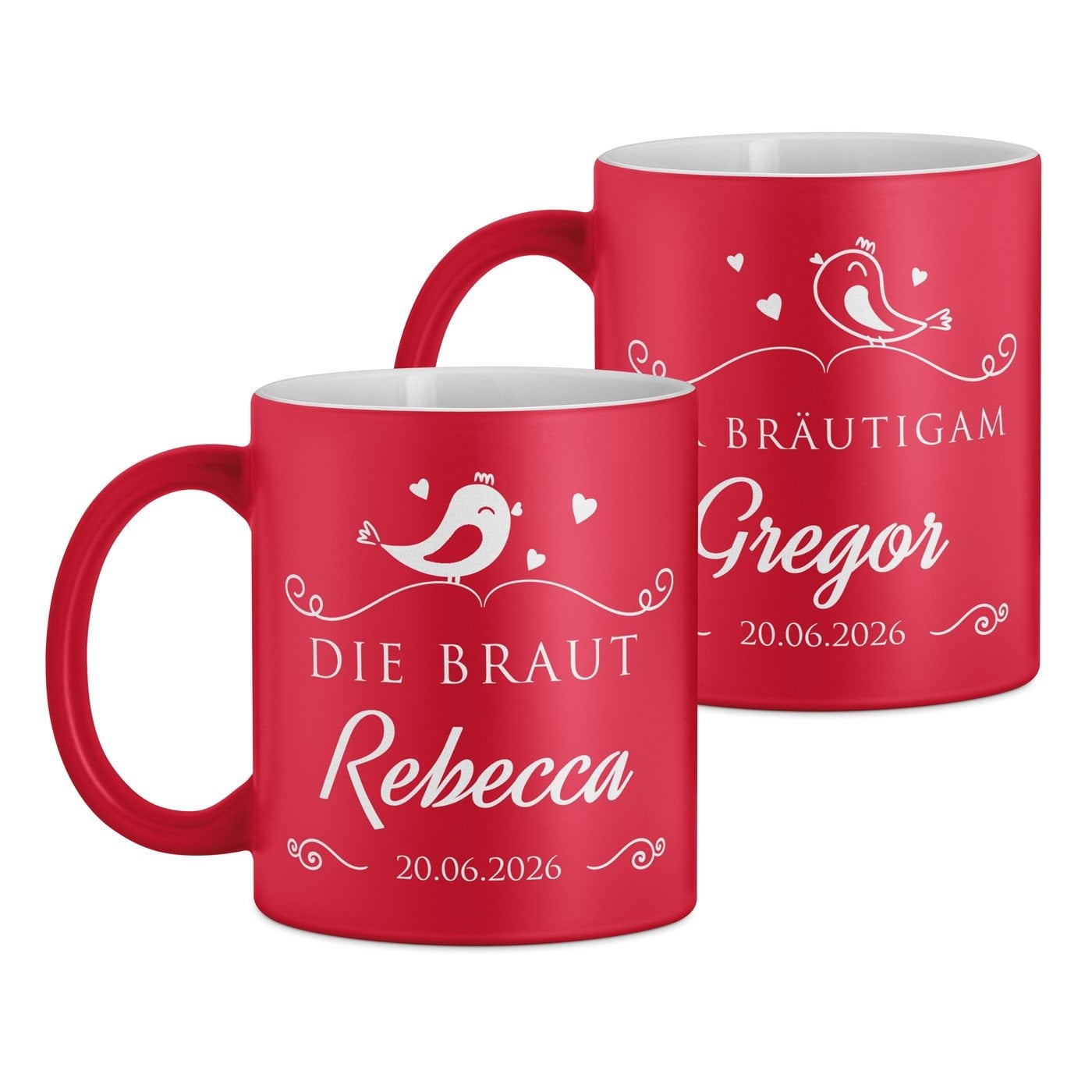 2 Keramikbecher mit Gravur Rot/Matt für ein Brautpaar zur Hochzeit