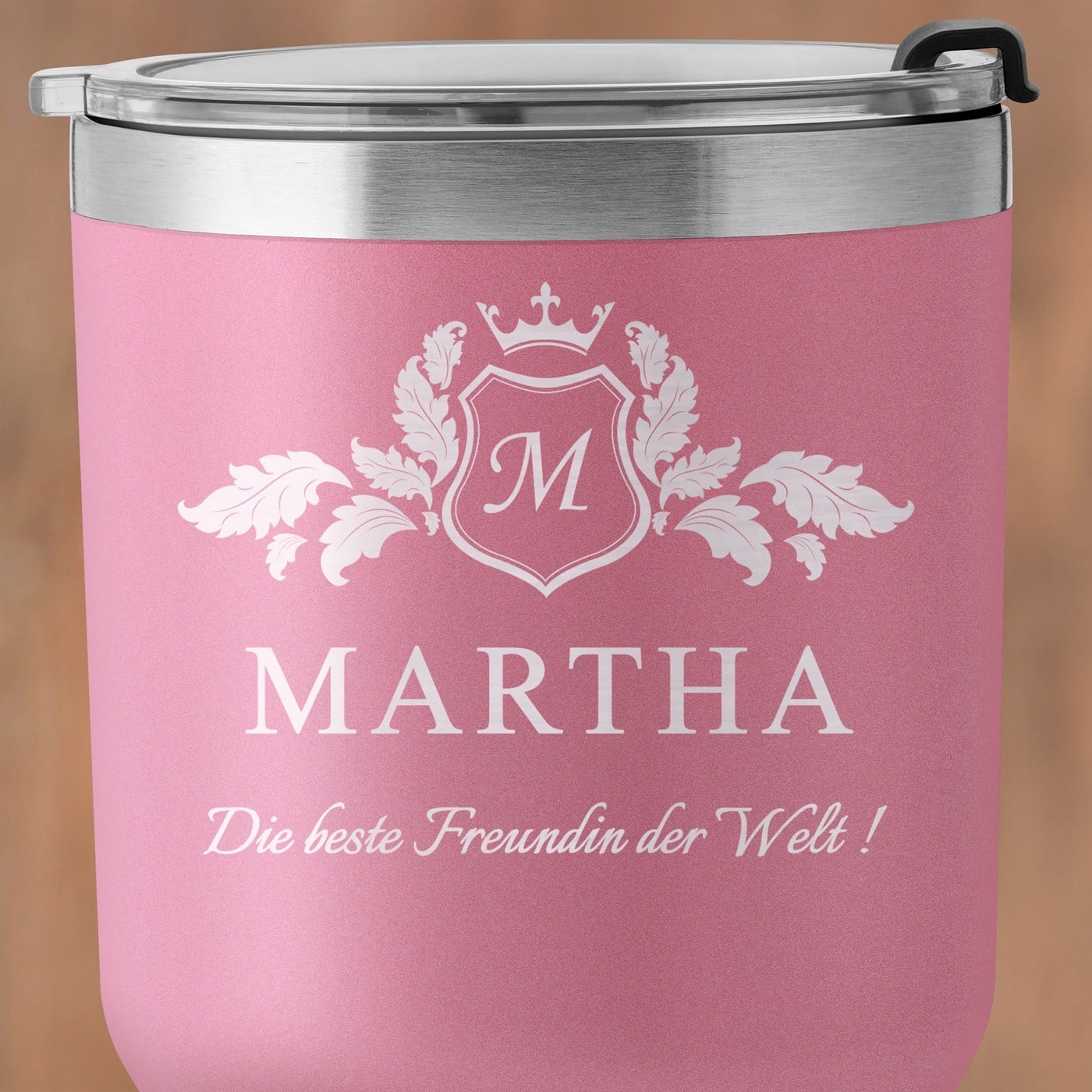 Pink Thermobecher mit transparentem Deckel und Gravur für Ihre Freundin