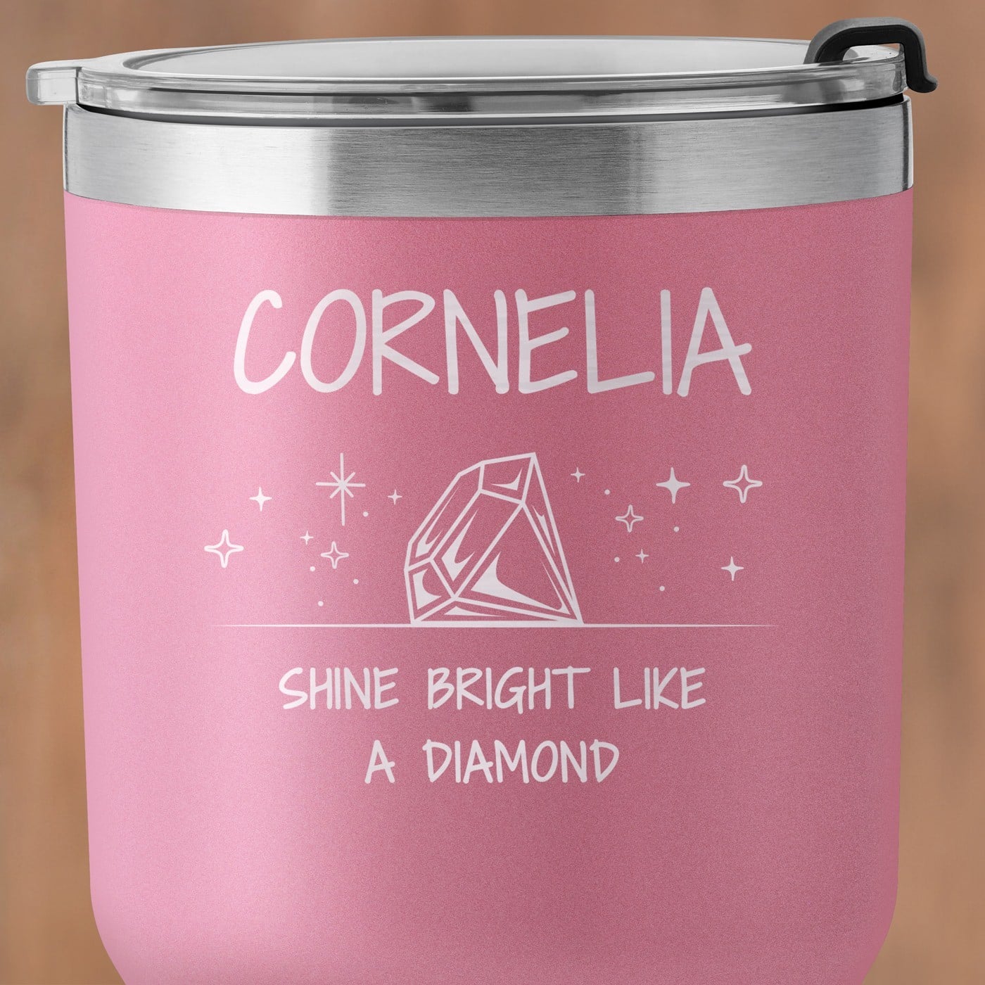 Pink Thermobecher mit transparentem Deckel und Gravur für sie zum Ehrentag Valentinstag