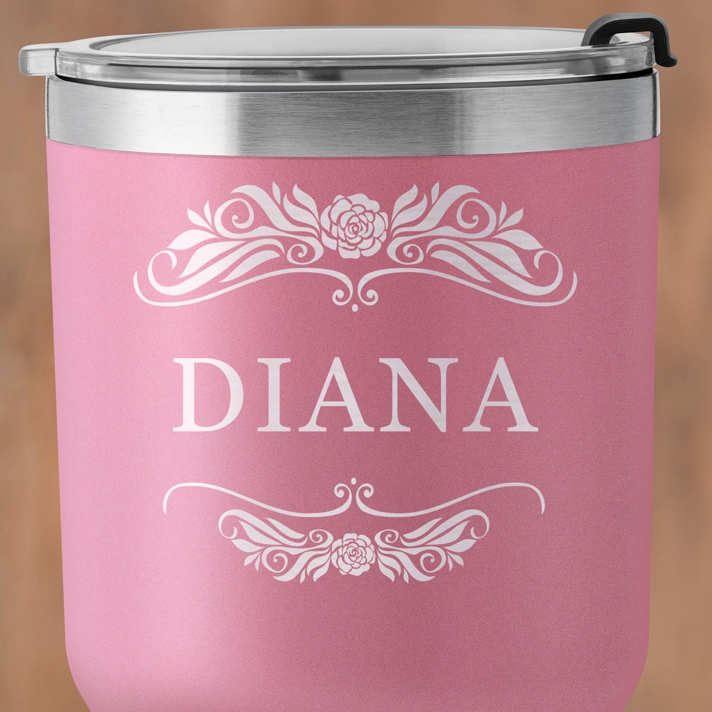 Pink Thermobecher mit transparentem Deckel und Gravur für sie zum Namenstag