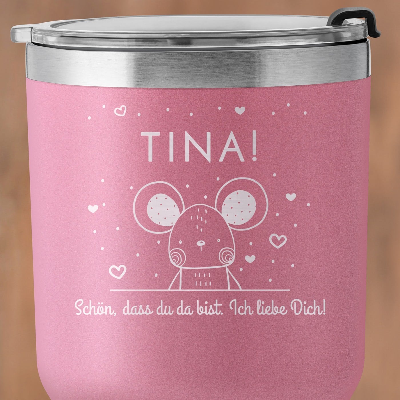 Pink Thermobecher mit transparentem Deckel und Gravur für sie zum Ehrentag als Dankeschön