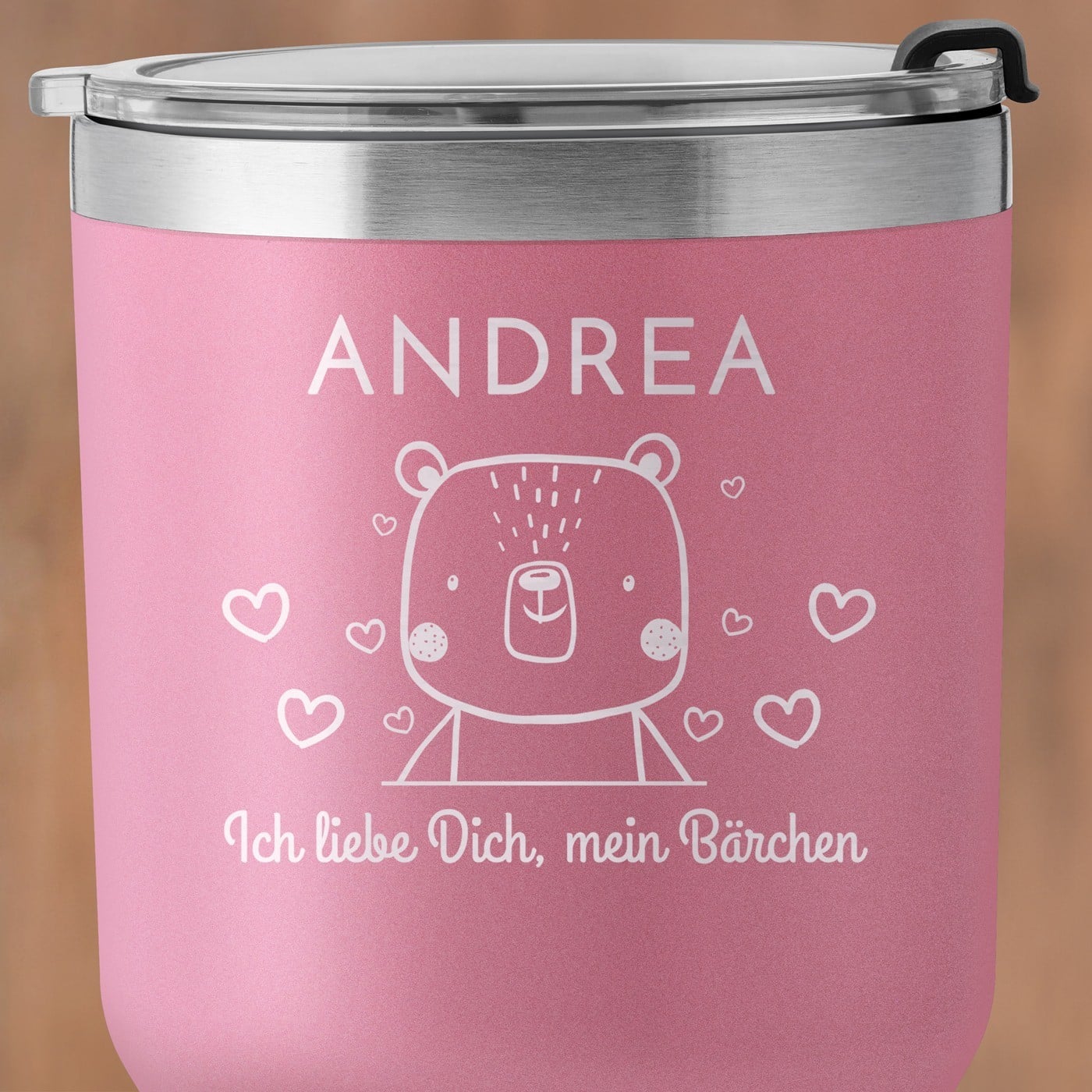 Pink Thermobecher mit transparentem Deckel und Gravur für sie zum Jahrestag Valentinstag Hochzeitstag