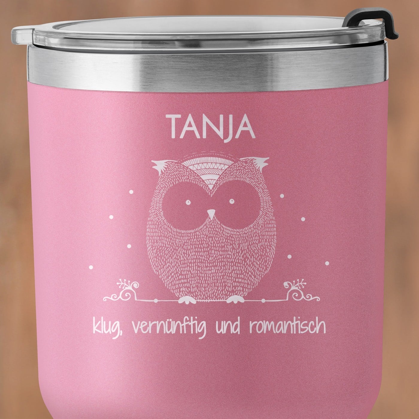 Pink Thermobecher mit transparentem Deckel und Gravur für sie zum Ehrentag Schulabschluss