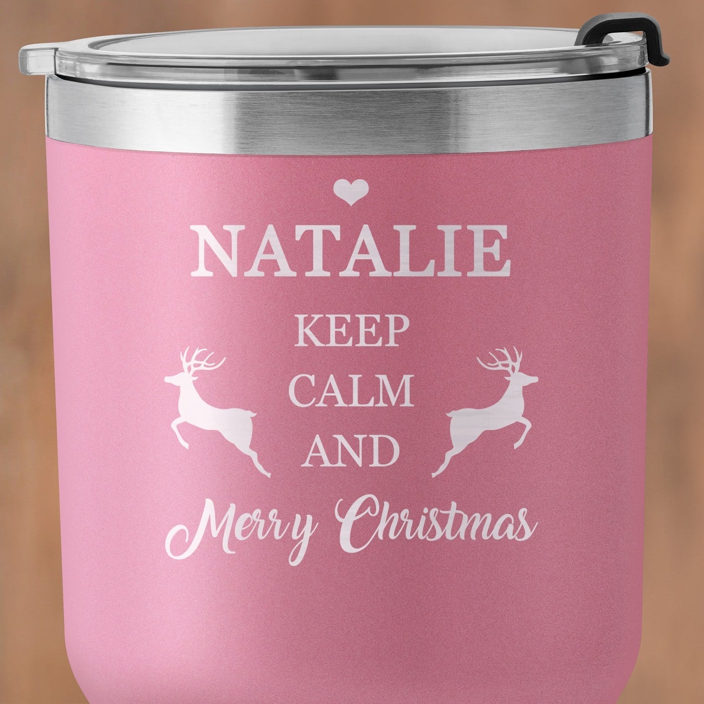 Pink Thermobecher mit transparentem Deckel und Gravur für sie Christmas