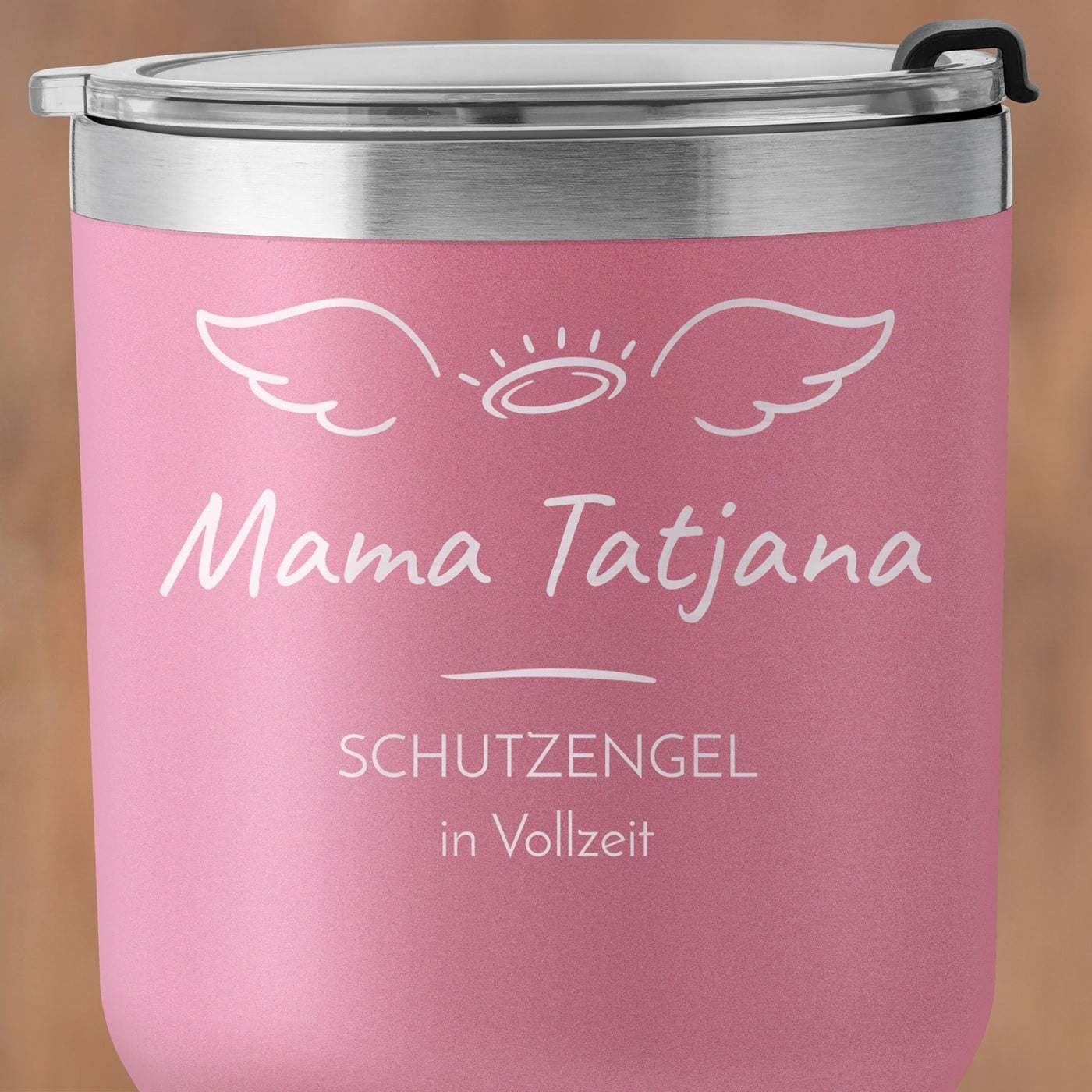 Pink Thermobecher mit transparentem Deckel und Gravur für Ihre Mutter
