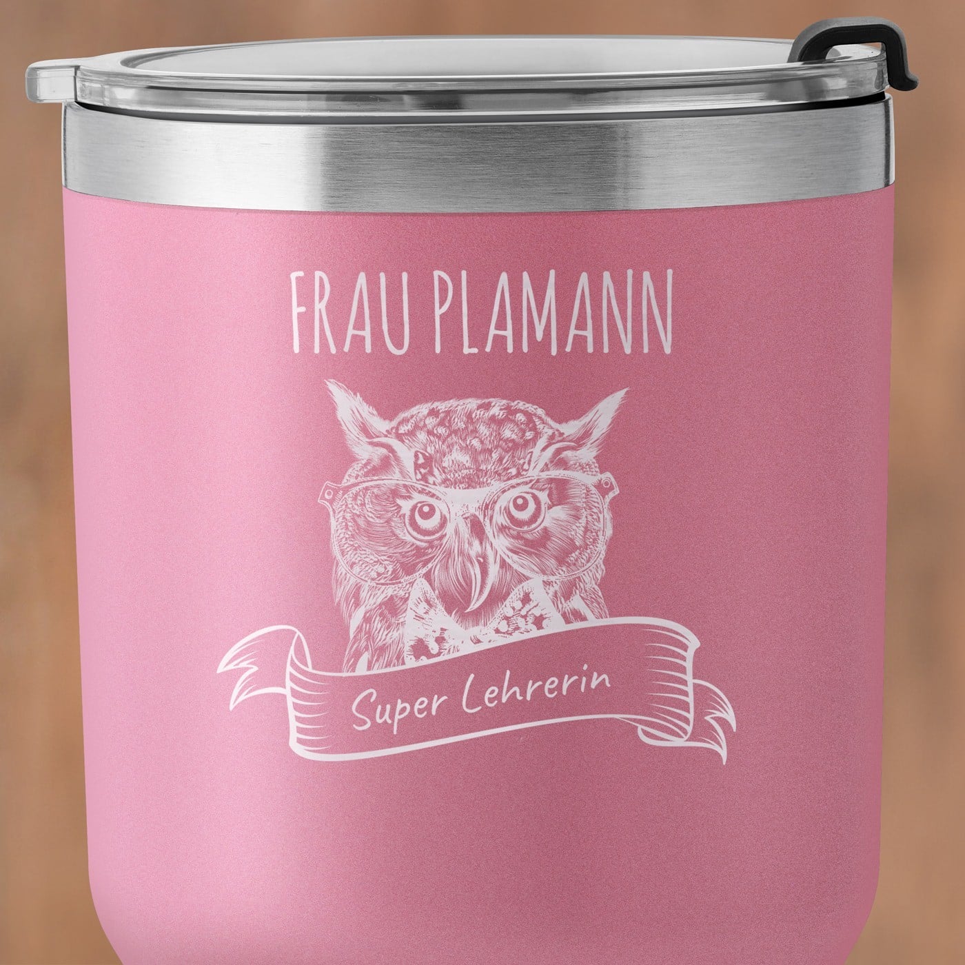 Pink Thermobecher mit transparentem Deckel und Gravur für Ihre Lehrerin Klassenlehrerin