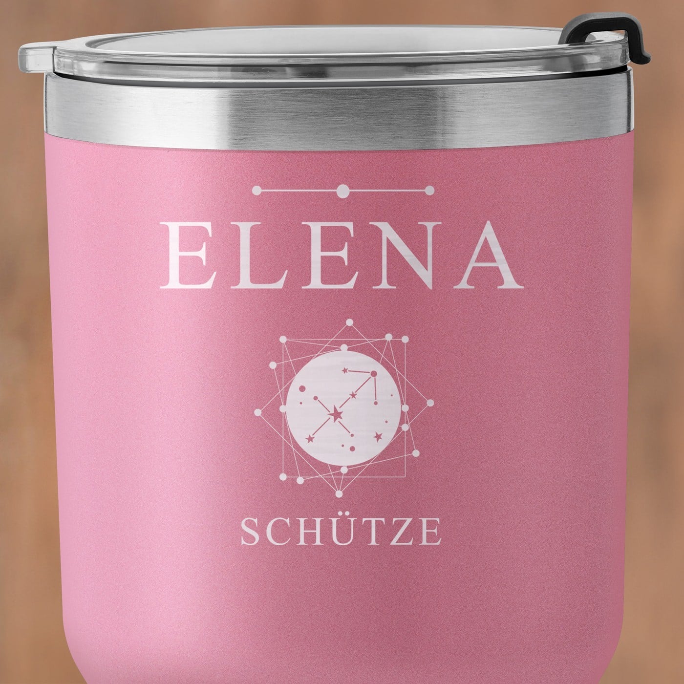 Pink Thermobecher mit transparentem Deckel und Gravur für sie zum Ehrentag Sternzeichen