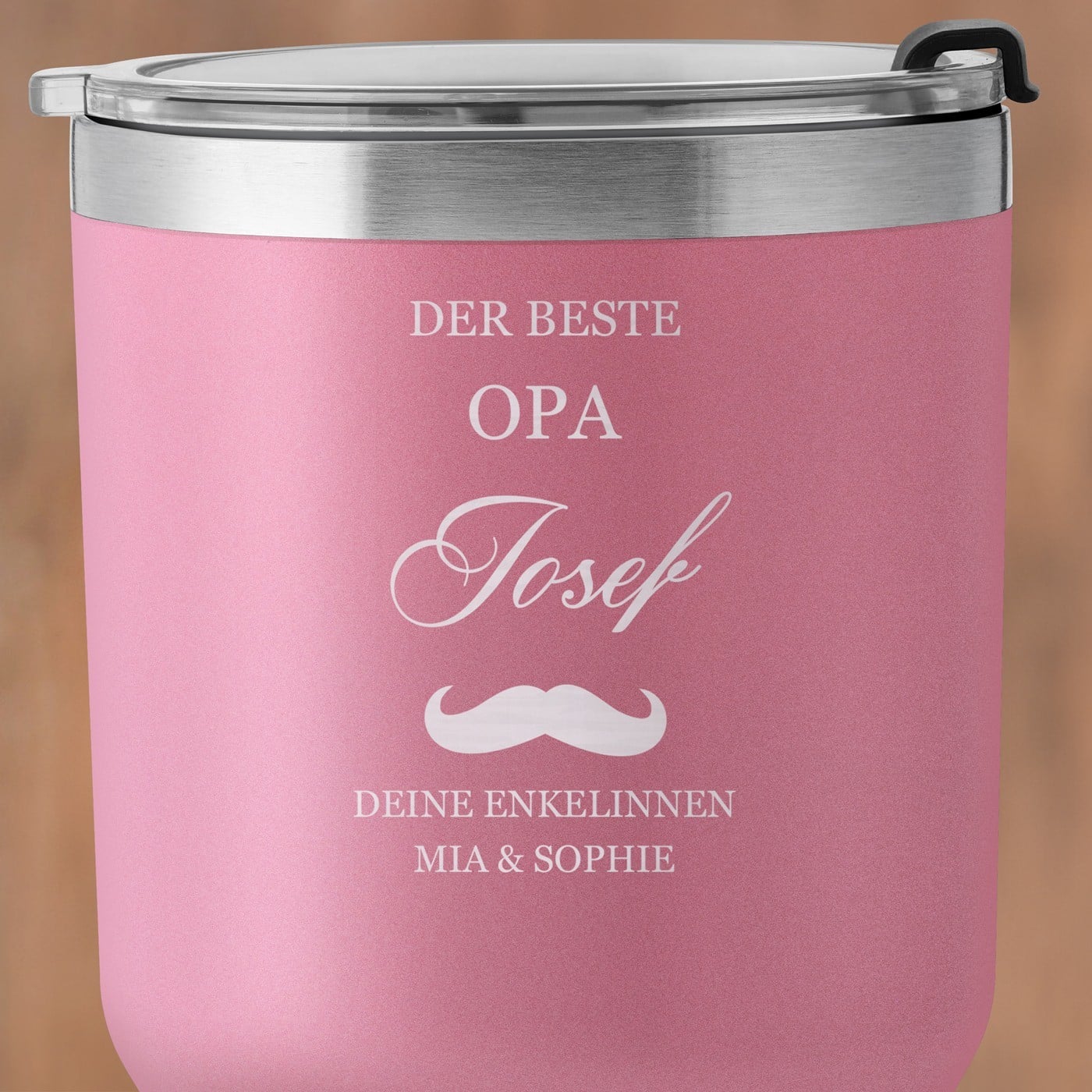 Pink Thermobecher mit transparentem Deckel und Gravur für Ihren Opa